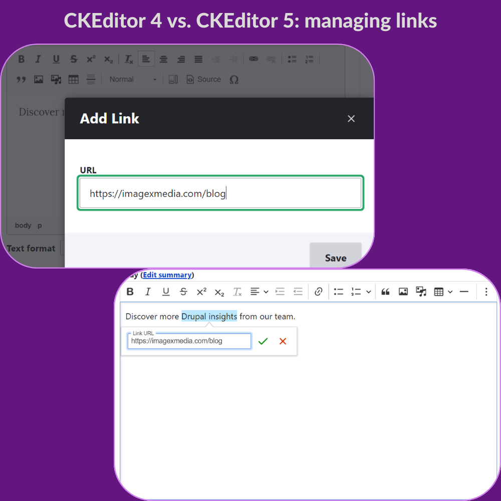 Comparing CKEditor 4 vs. CKEditor 5 for managing links.