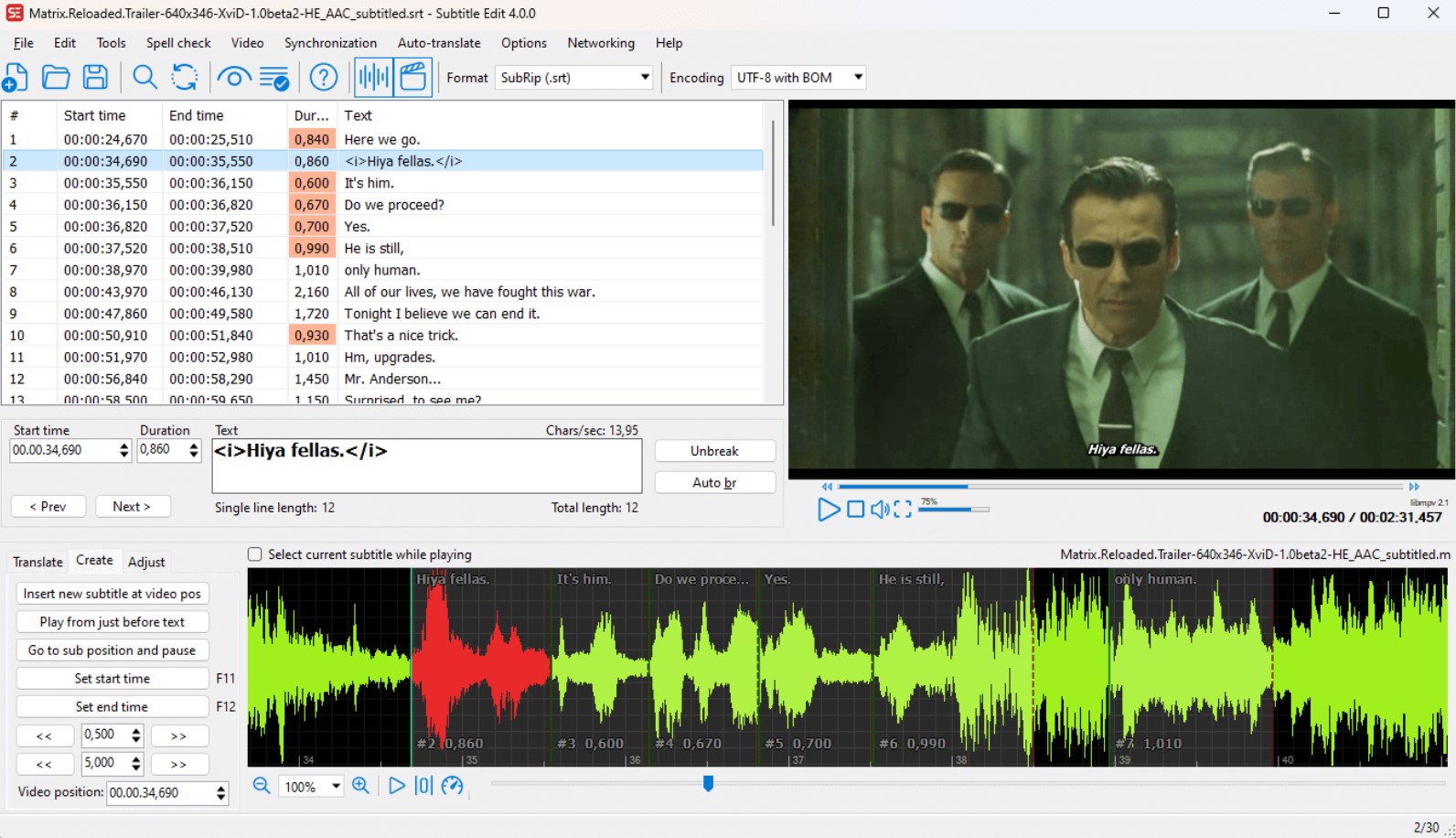 Managing video subtitles in Subtitle Edit.