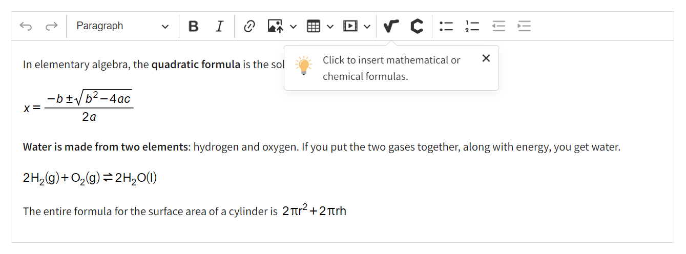 Math Equations and Chemical Formulas in CKEditor 5.