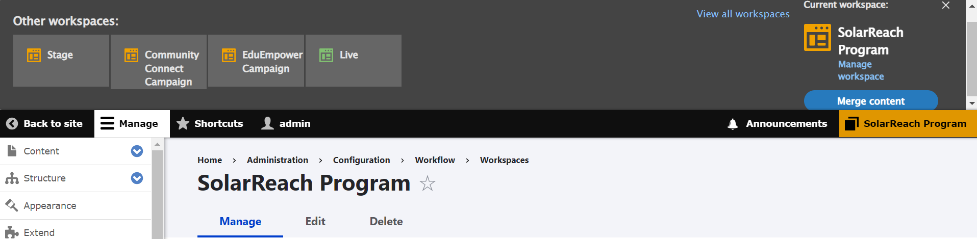 The “Merge content” button in Drupal Workspaces.