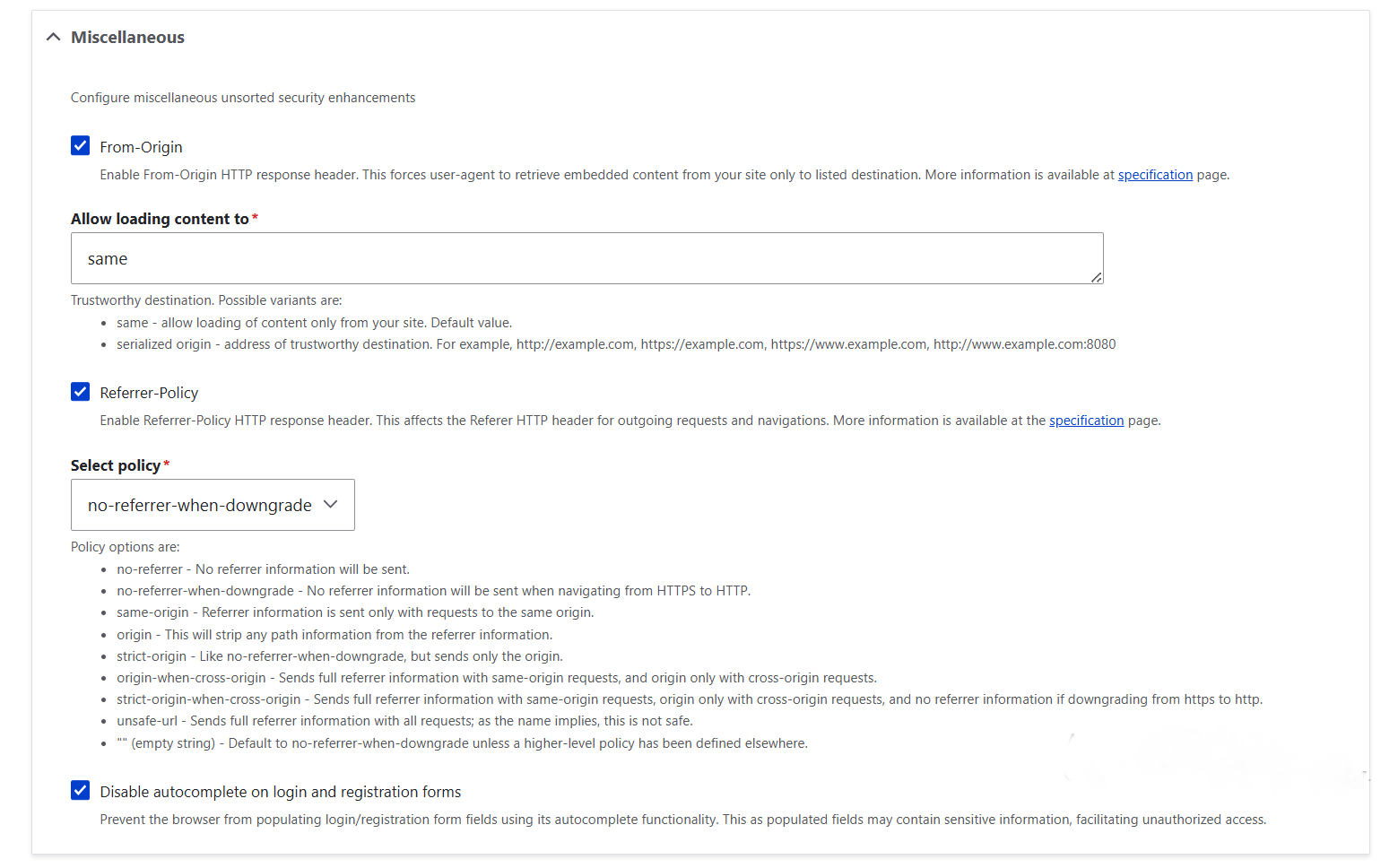 The Miscellaneous section in Drupal’s SecKit settings