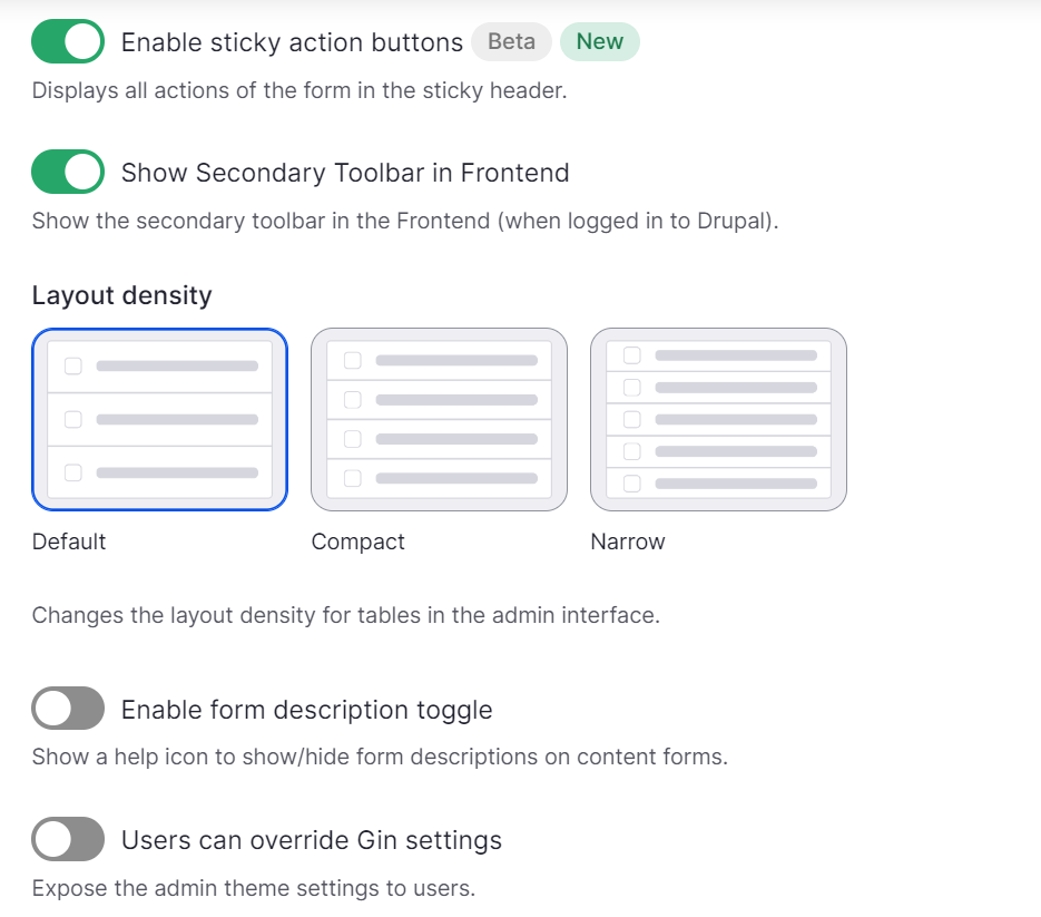 More settings in the Gin admin theme.