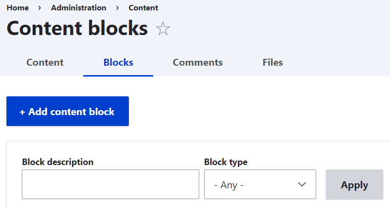 The new “Blocks” tab on the “Content” page in Drupal 10.1.