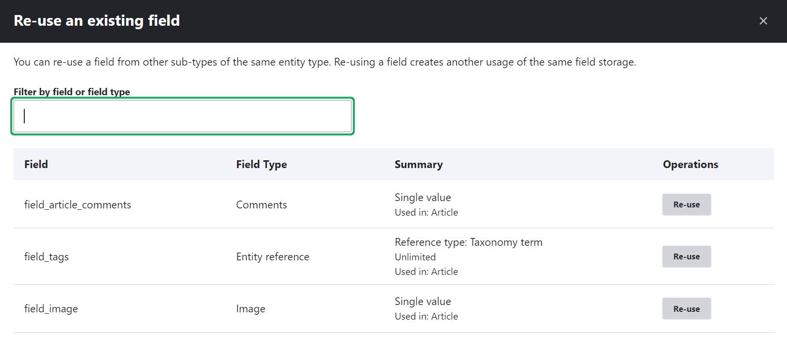 The new interface for re-using existing fields in Drupal 10.1.