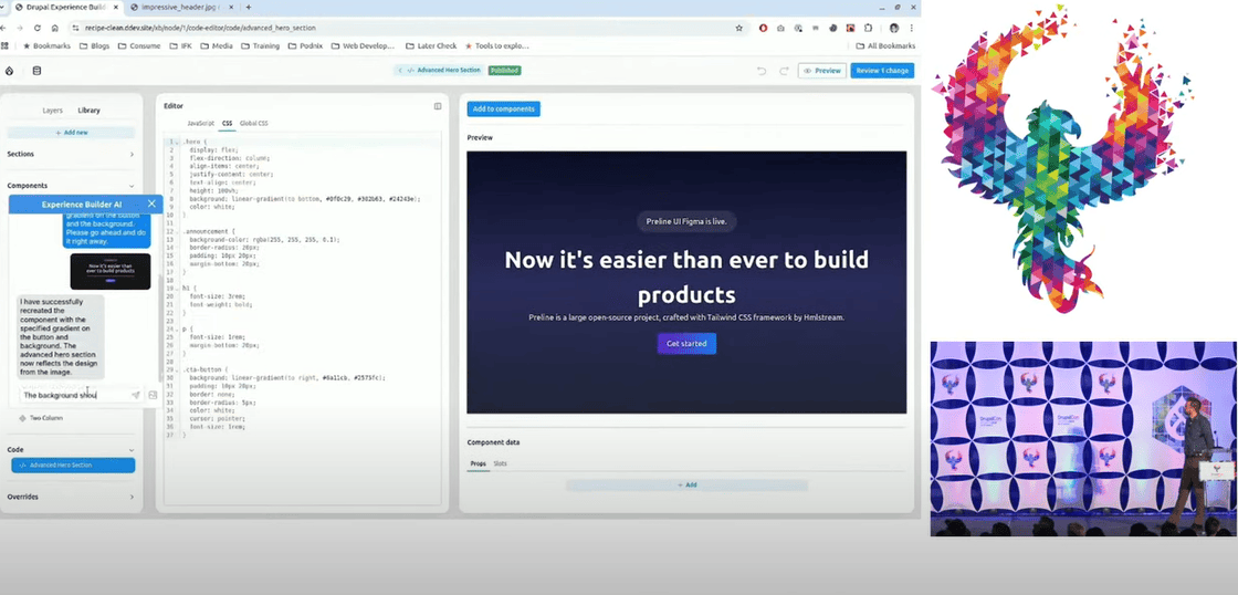 The new set of AI agents is creating a web page component from a Figma image in Experience Builder