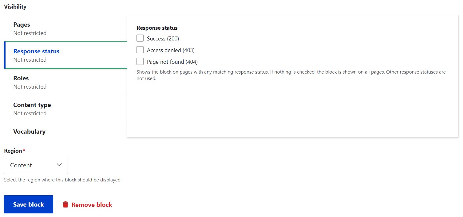 The new UI for managing block visibility based on HTTP status codes in Drupal 10.2.