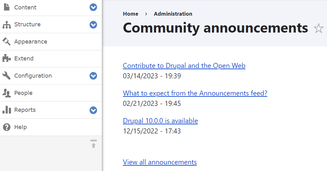 The newly-introduced page with announcements from drupal.org in Drupal 10.1.