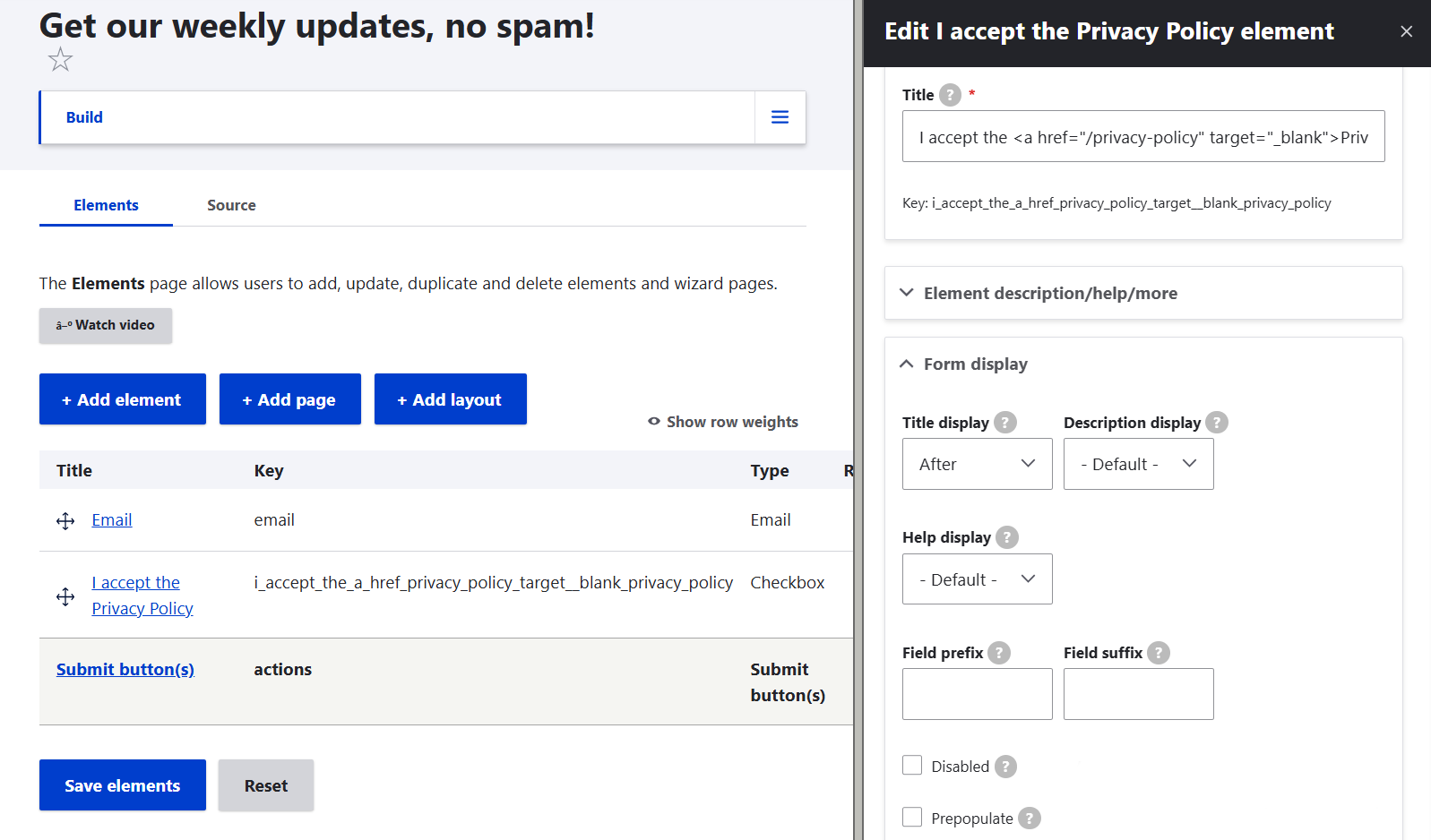 Settings for a newsletter signup form in Drupal’s Webform