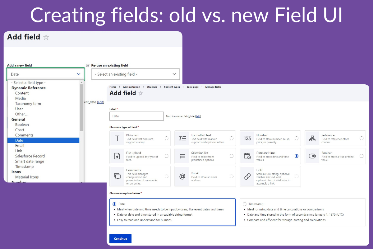 The old field creation interface vs. the new field creation interface introduced in Drupal 10.2.