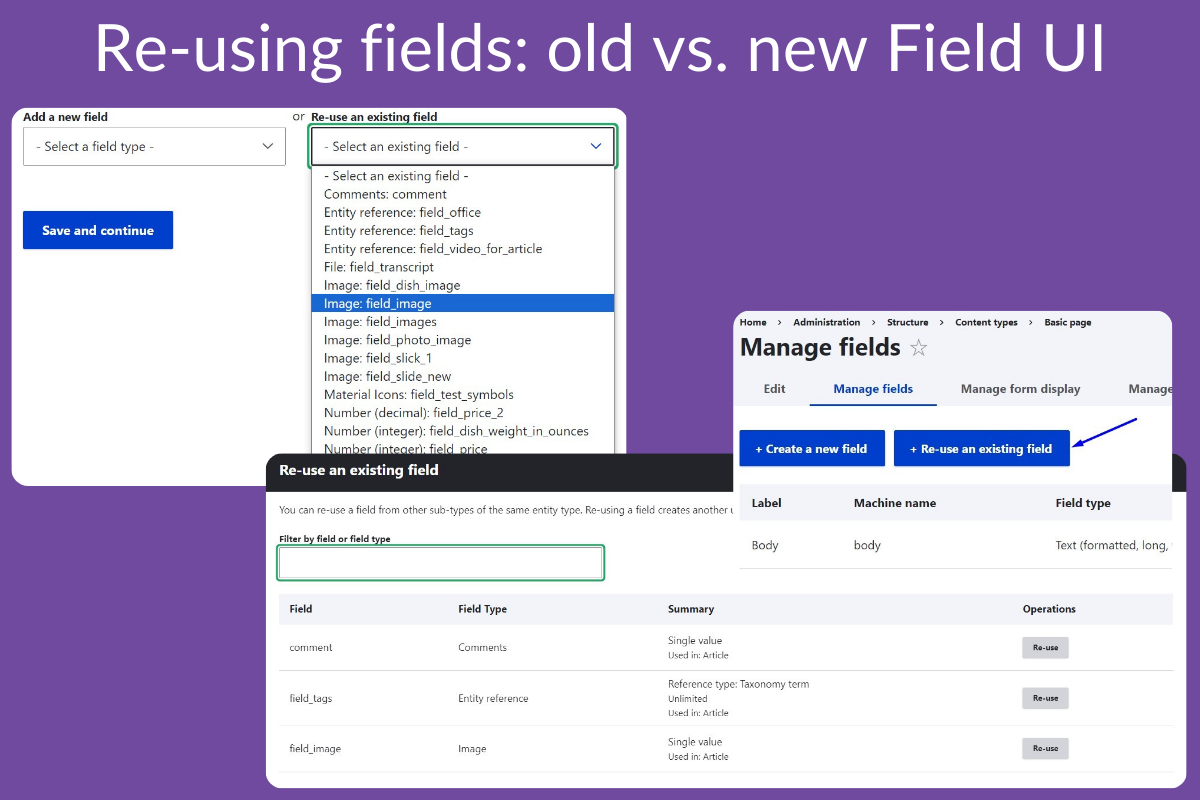 The old field re-use interface vs. the new field re-use interface introduced in Drupal 10.1.