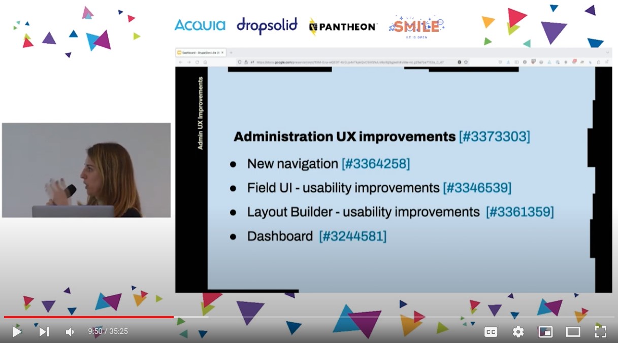 A slide with other improvements to Drupal’s admin UI besides the dashboards.