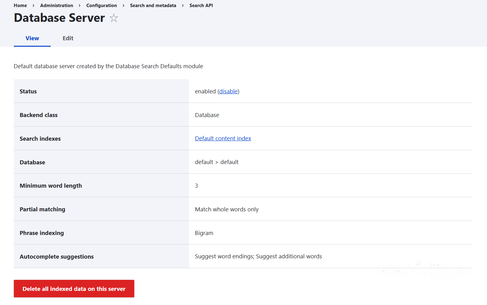 The overview tab of the settings for a search server in Search API’s interface
