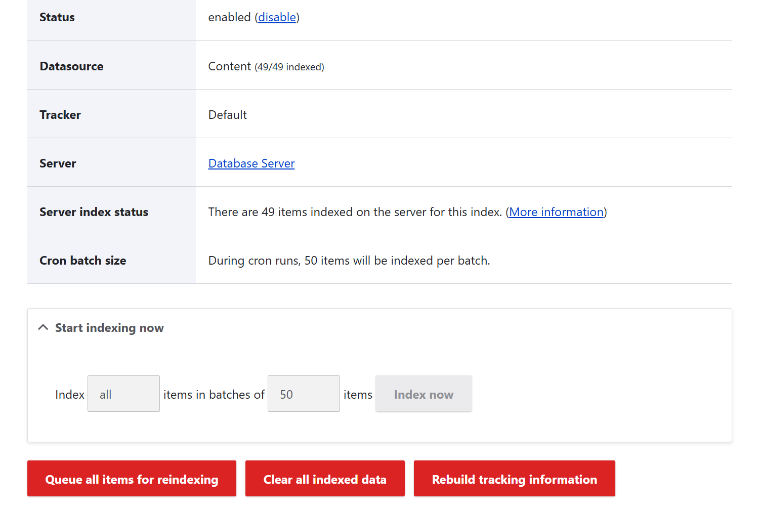 The overview tab of the settings for a search index in Search API’s interface