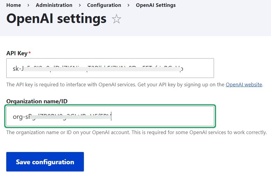 Pasting the API key and the organization ID on a Drupal site.