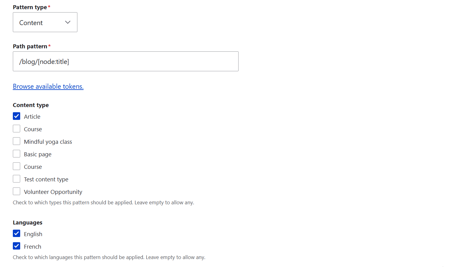 A Pathauto pattern for autogenerating URL aliases based on Drupal content titles in two languages