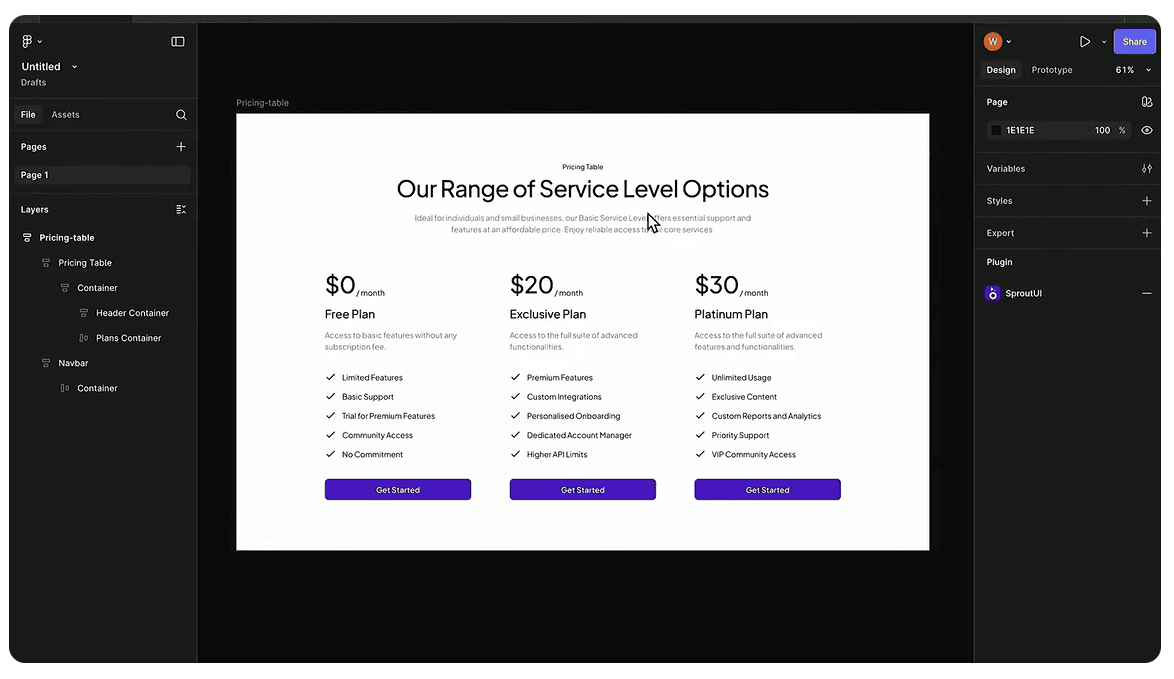 An example of a pricing table component designed in Figma