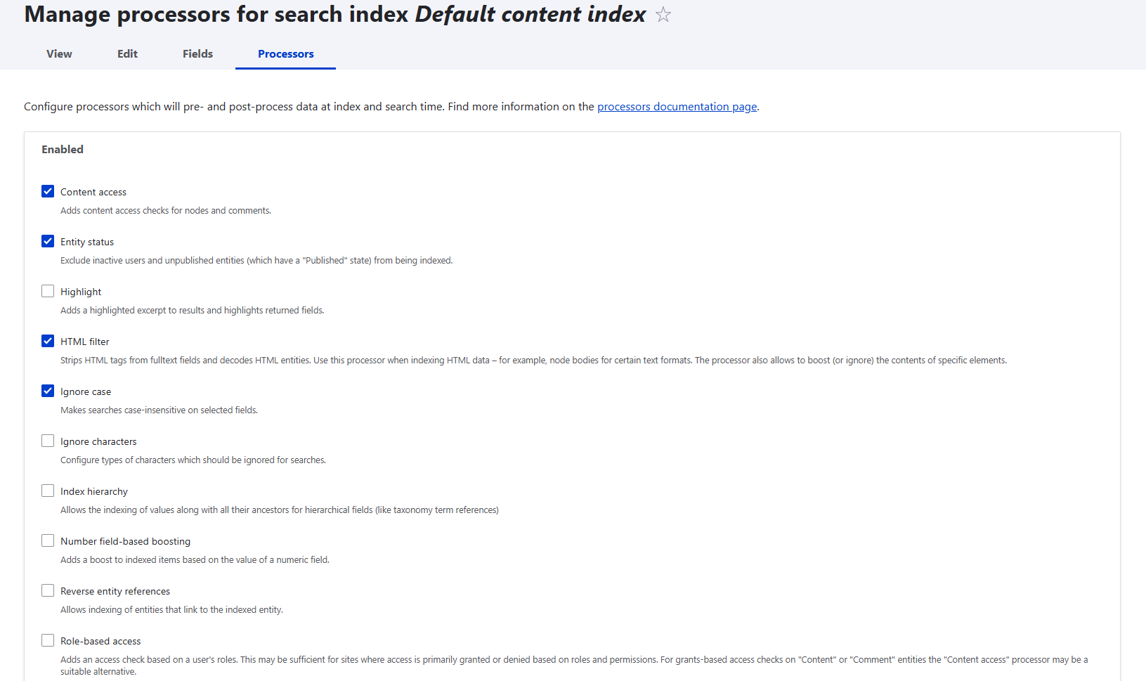 The ”Processors” tab of the settings for a search index in Search API’s interface, part 1