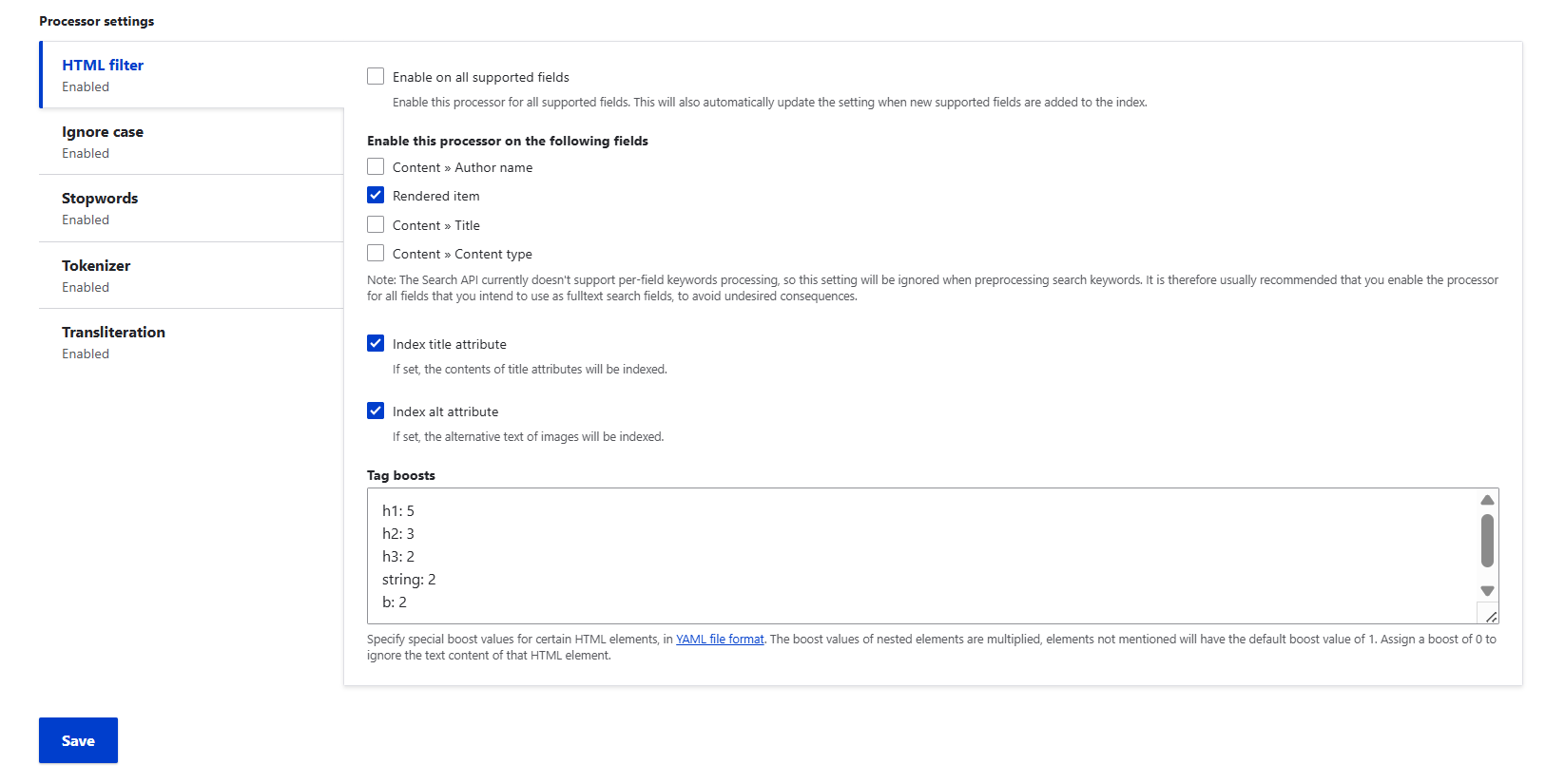 The ”Processors” tab of the settings for a search index in Search API’s interface, part 2