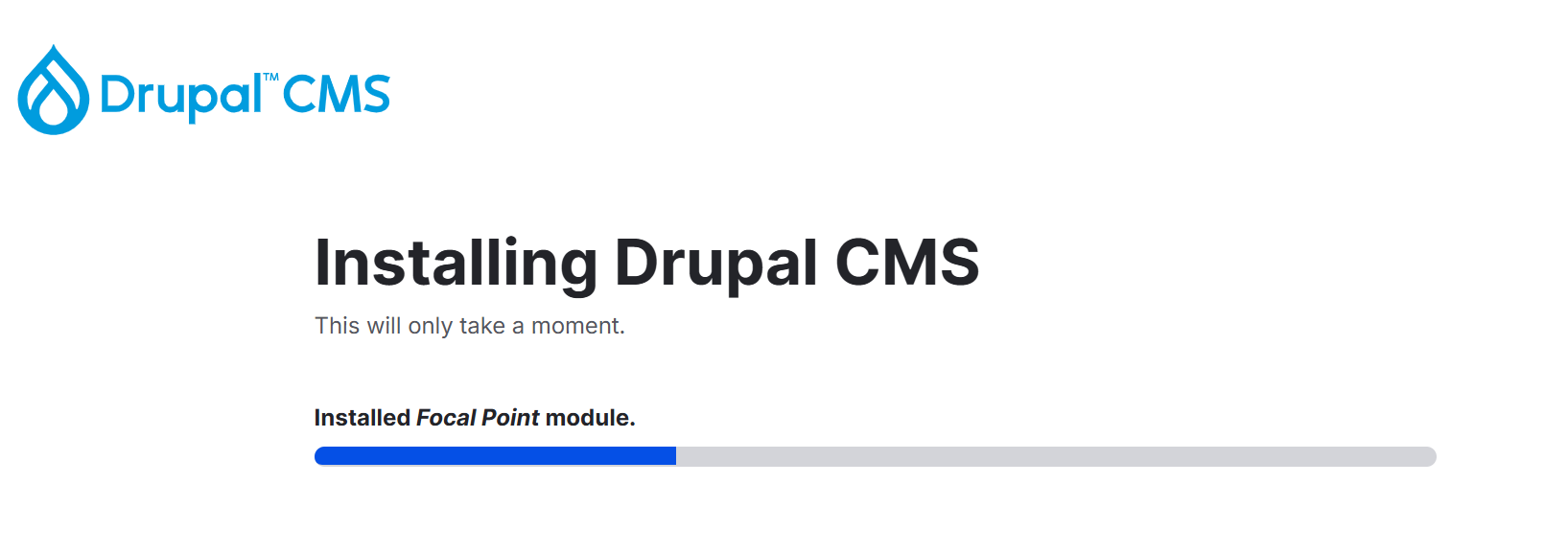 The progress bar shows how contributed modules are being loaded during Drupal CMS installation