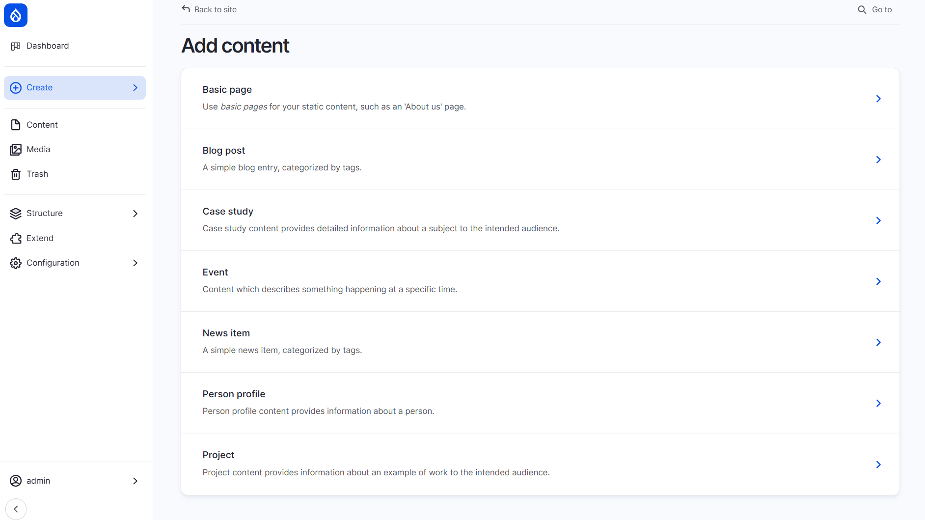 Ready content types in Drupal CMS