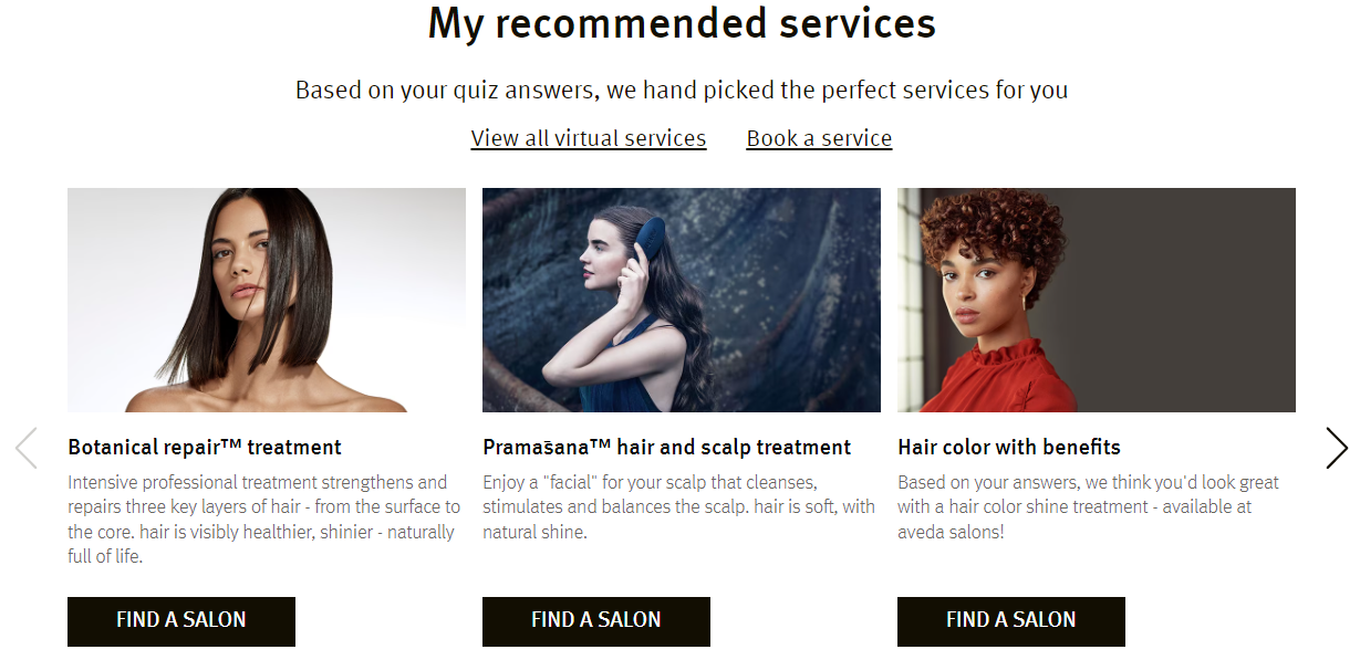 Recommended services based on the user’s answer to the hair quiz.
