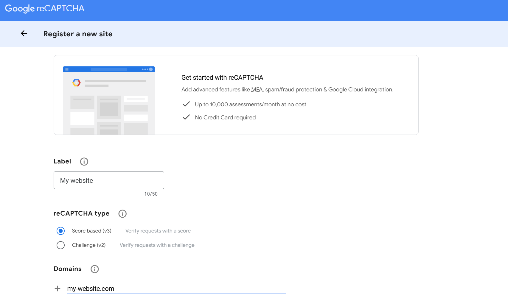Registering a website in Google reCAPTCHA Admin Console