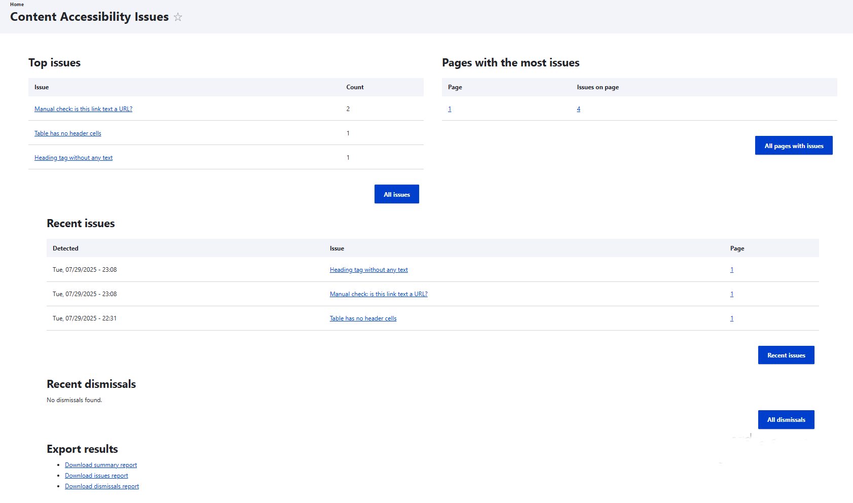 The Reports page of the Editoria11y module in Drupal