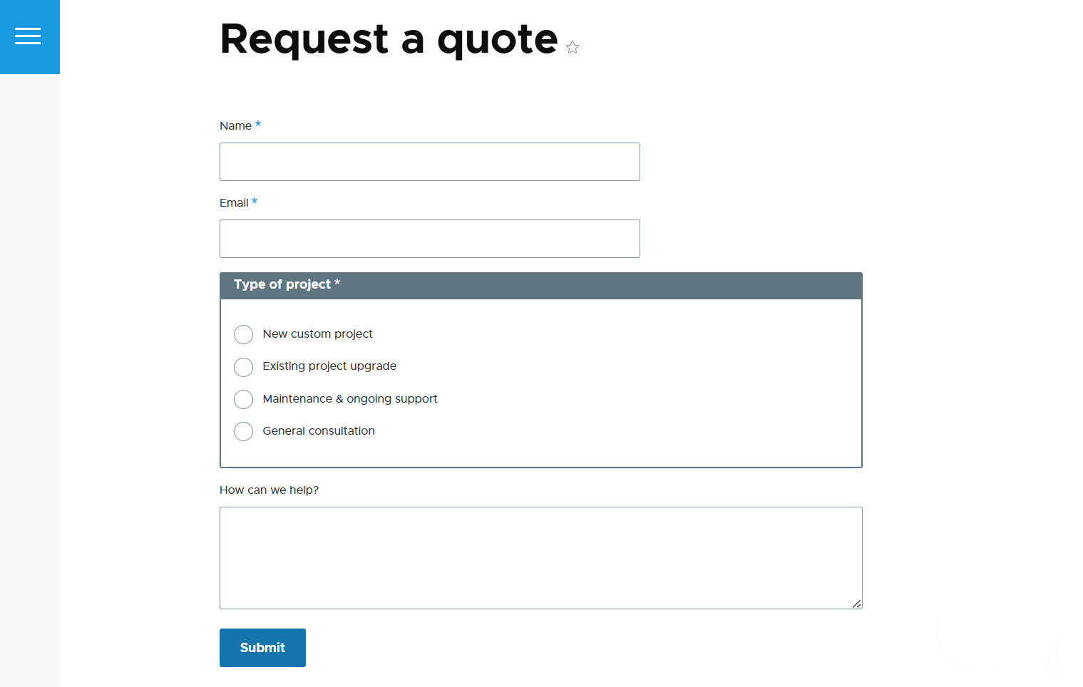 An example of a request a quote form created via Drupal’s Webform