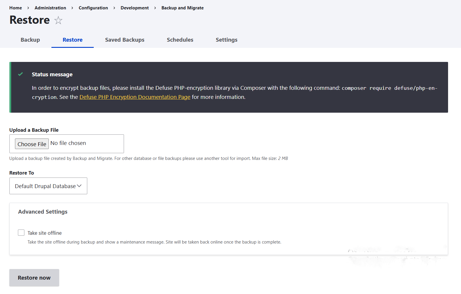 Restoring data from a backup with the Backup and Migrate module in Drupal