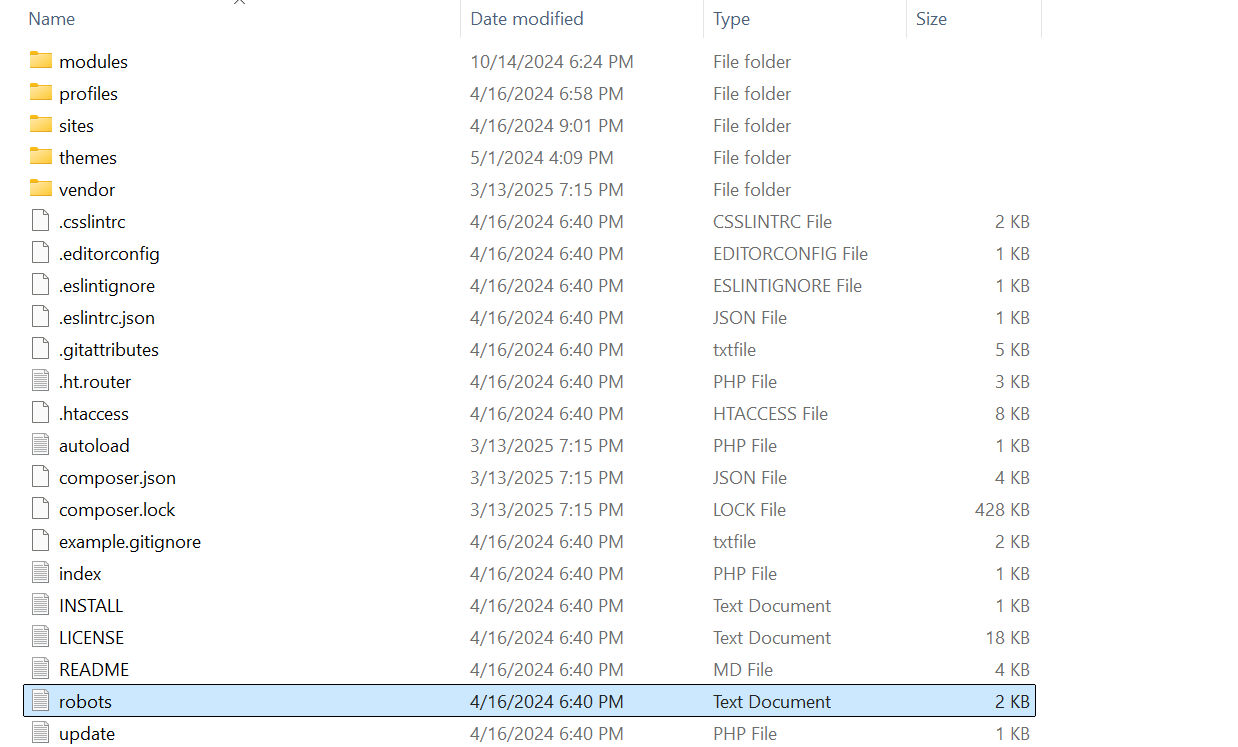 Where to find the robots.txt in the Drupal website’s root directory