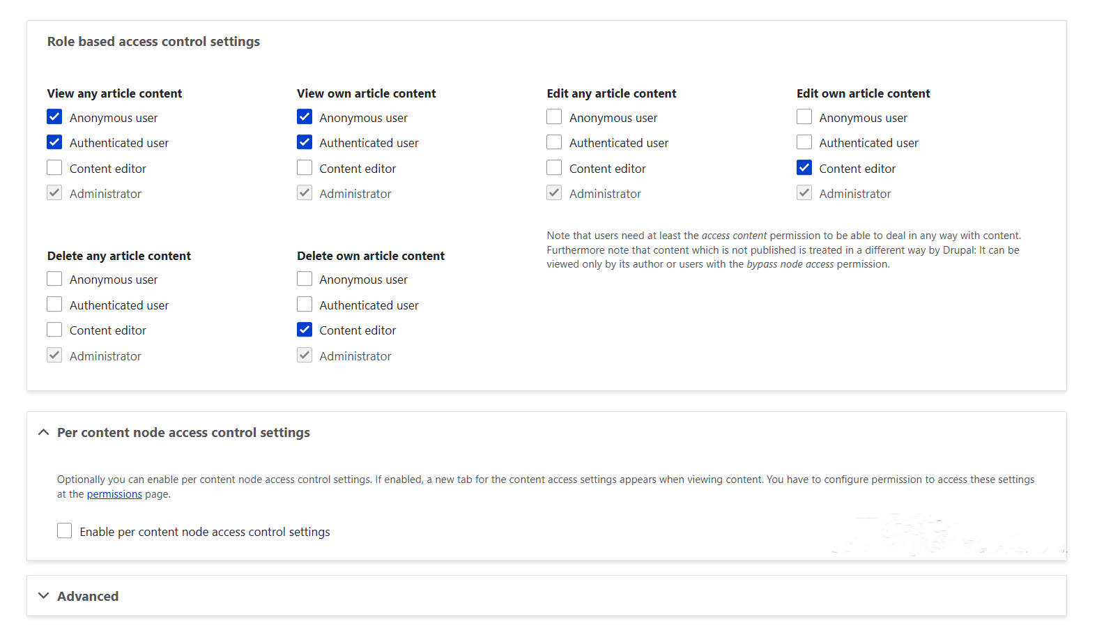 The role-based access settings of the Content Access module in Drupal