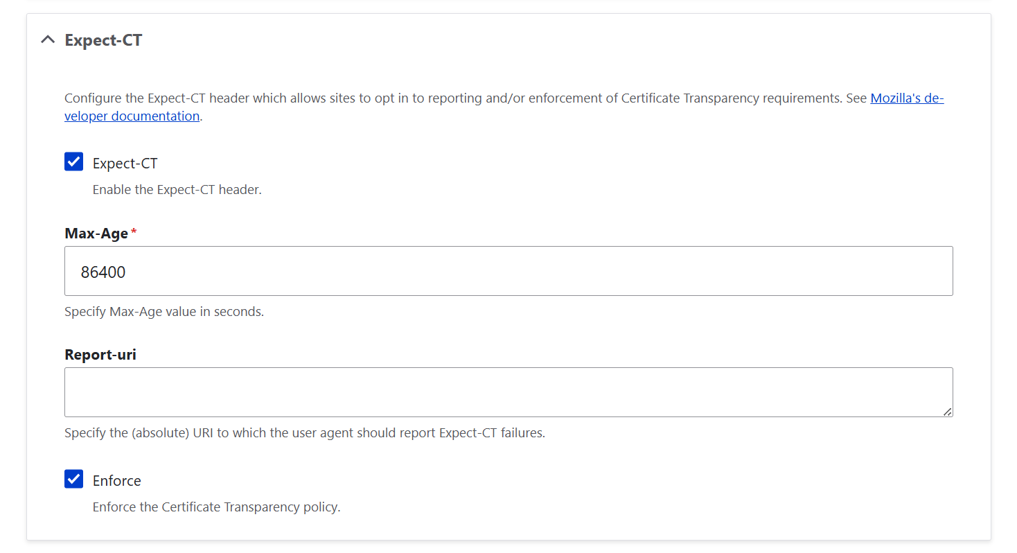 Safe connections settings in Drupal’s SecKit: Expect-CT