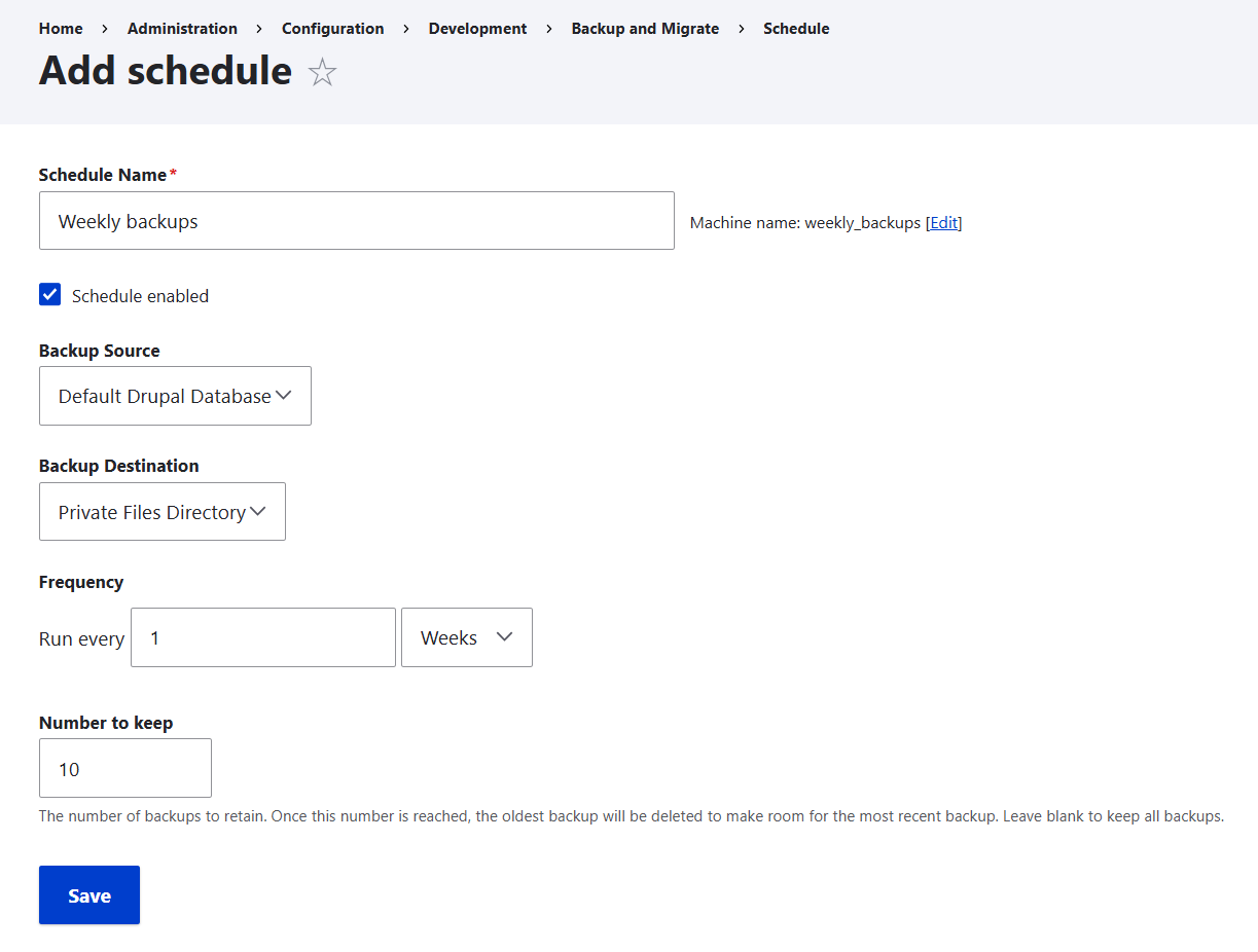 Scheduling an automated backup with the Backup and Migrate module in Drupal