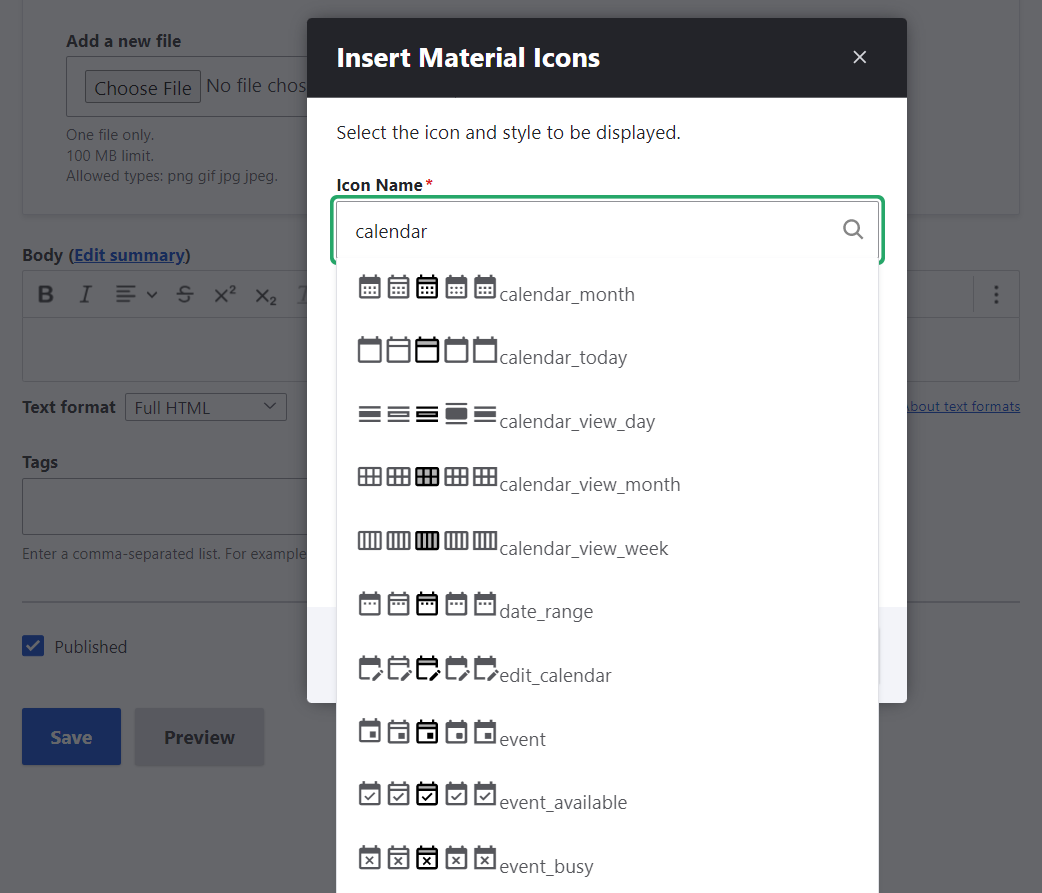 Searching for icons with autocomplete via the Material Icons module in Drupal.