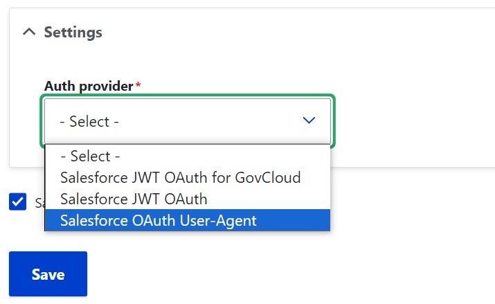 Selecting the authentication provider via the Salesforce Suite module’s UI.