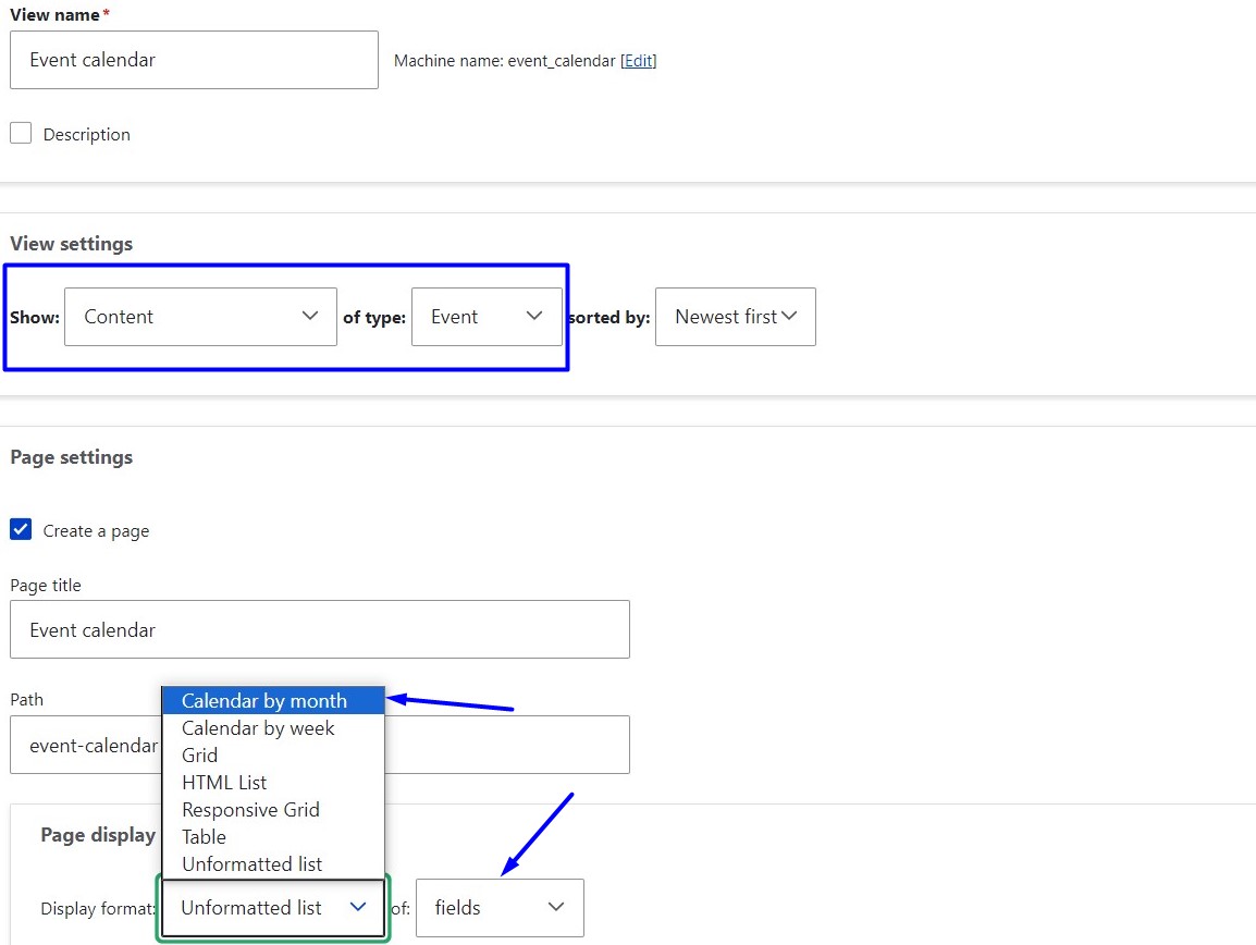 Selecting “Calendar by month” format for a view.