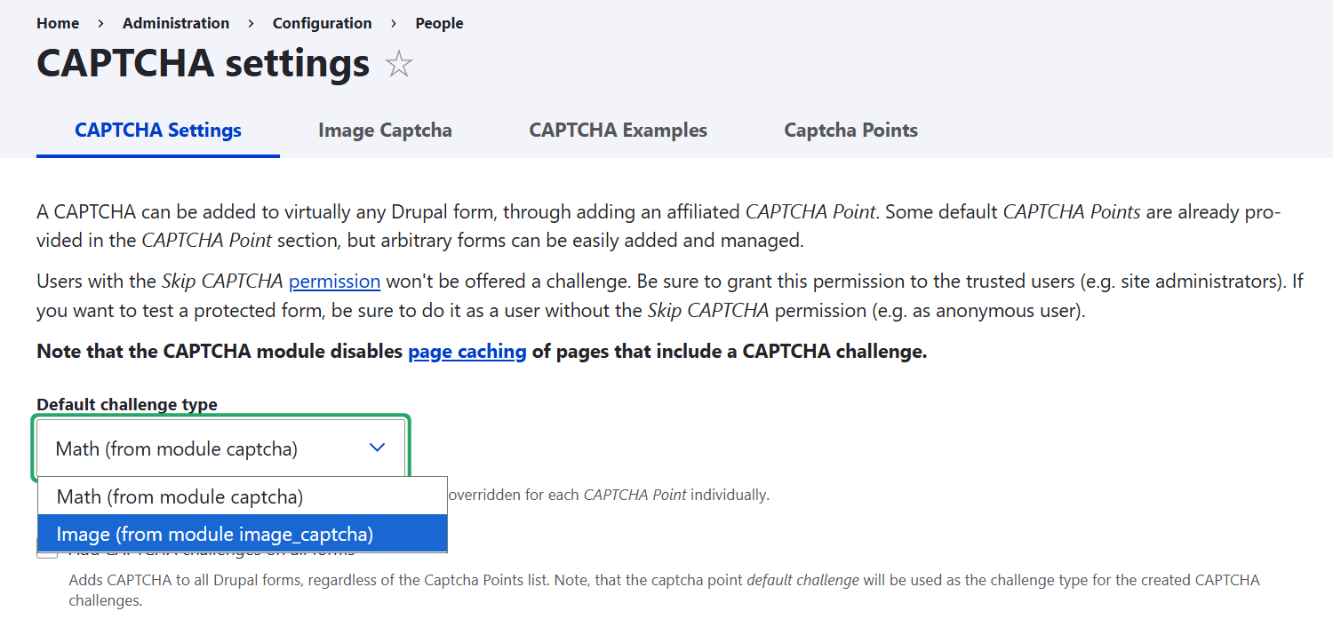 Selecting the default challenge type for the spam protection test