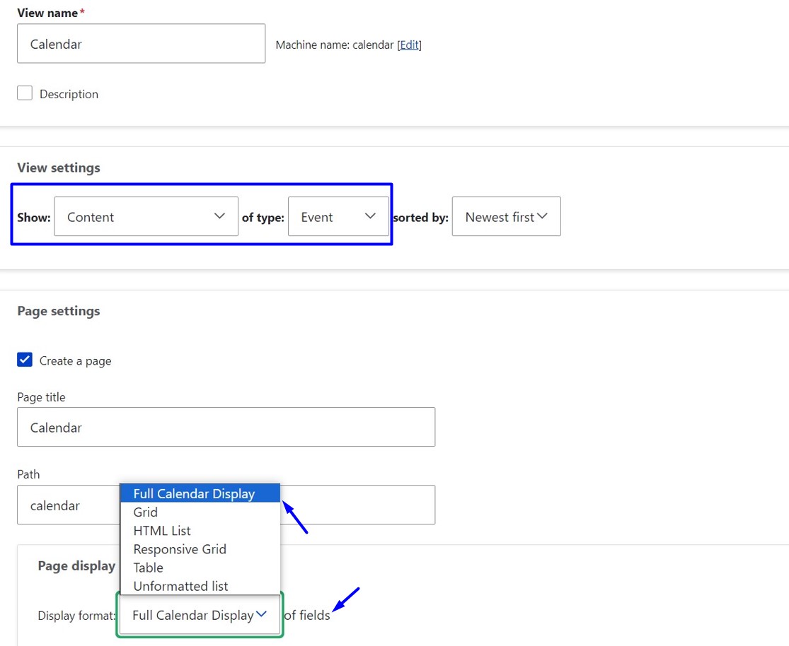 Selecting Full Calendar Display in Drupal Views.