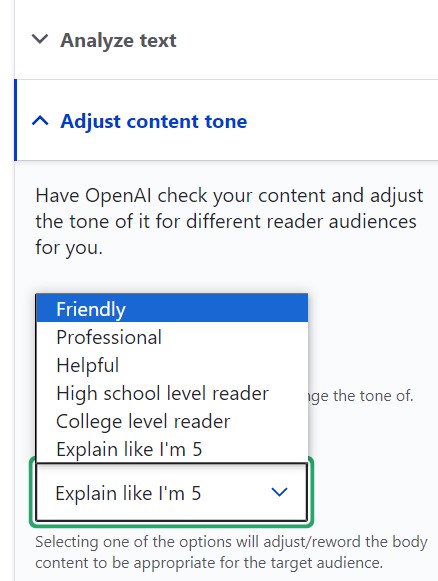 Selecting the tone for the “Adjust content tone” feature.