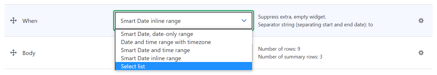 Selecting the widget for the “Smart Date range” field on the “Manage form display” tab.
