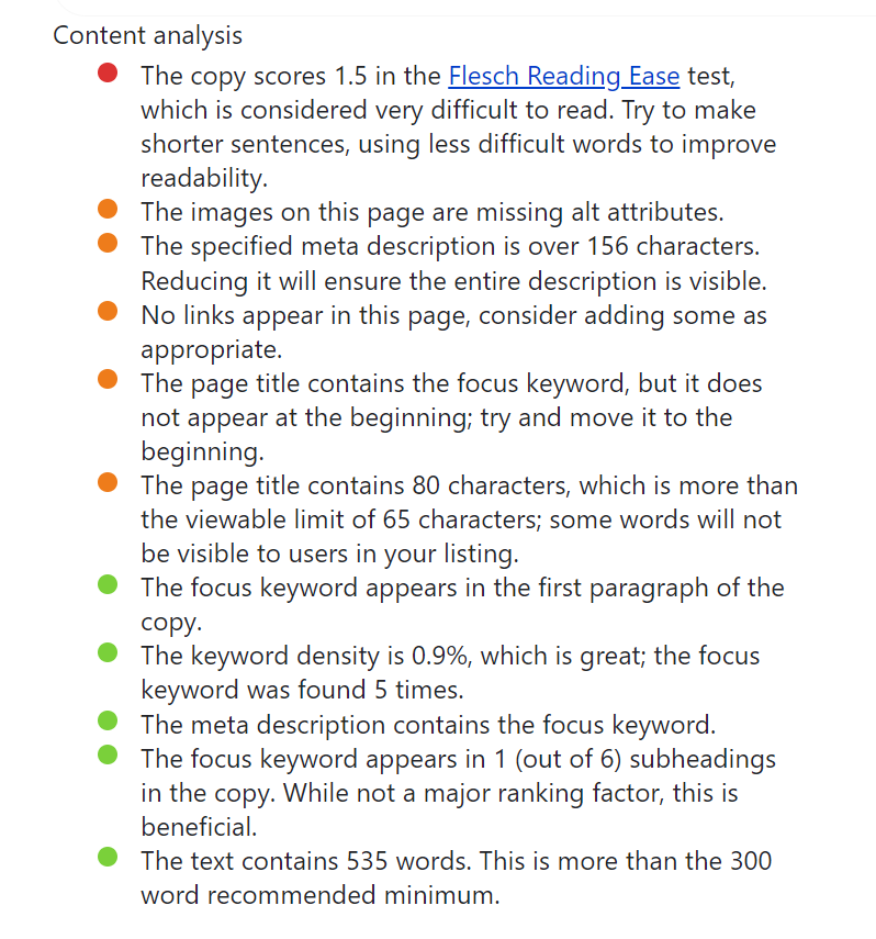 SEO analysis for content by the Real-time SEO module in Drupal