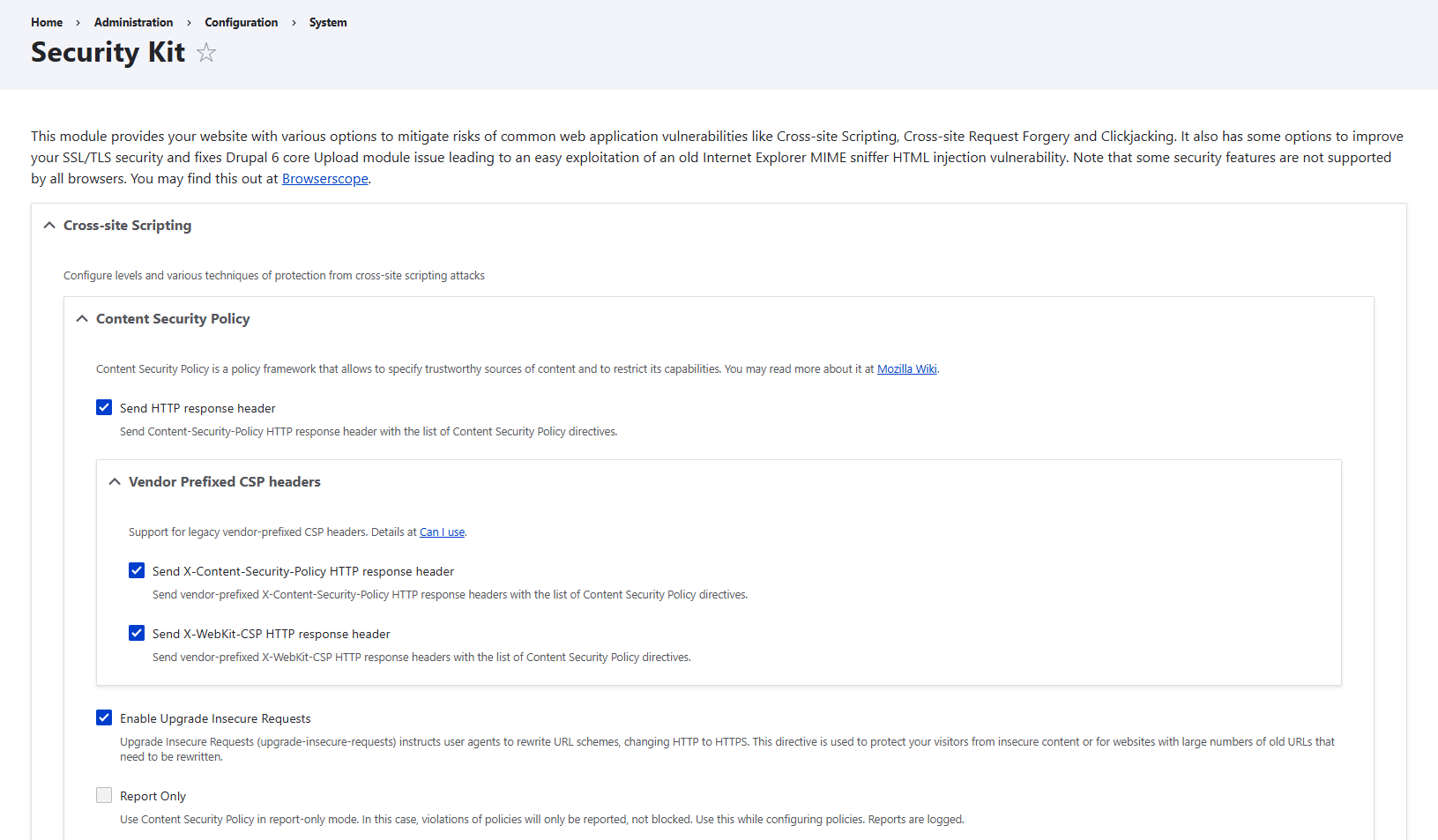 Cross-site scripting protection settings in Drupal’s SecKit: enabling Content Security Policy and more