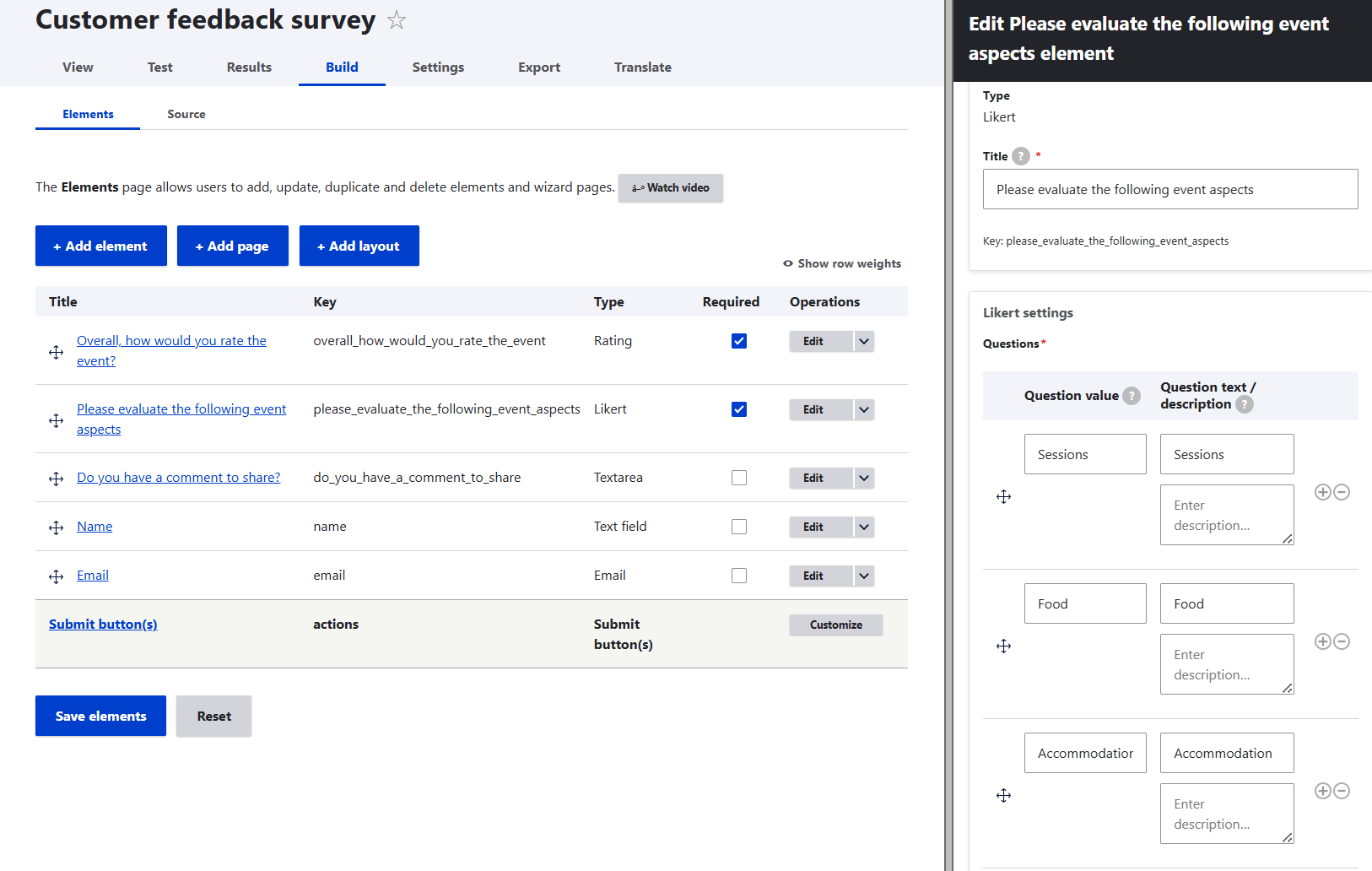 Settings for a customer feedback survey in Drupal’s Webform