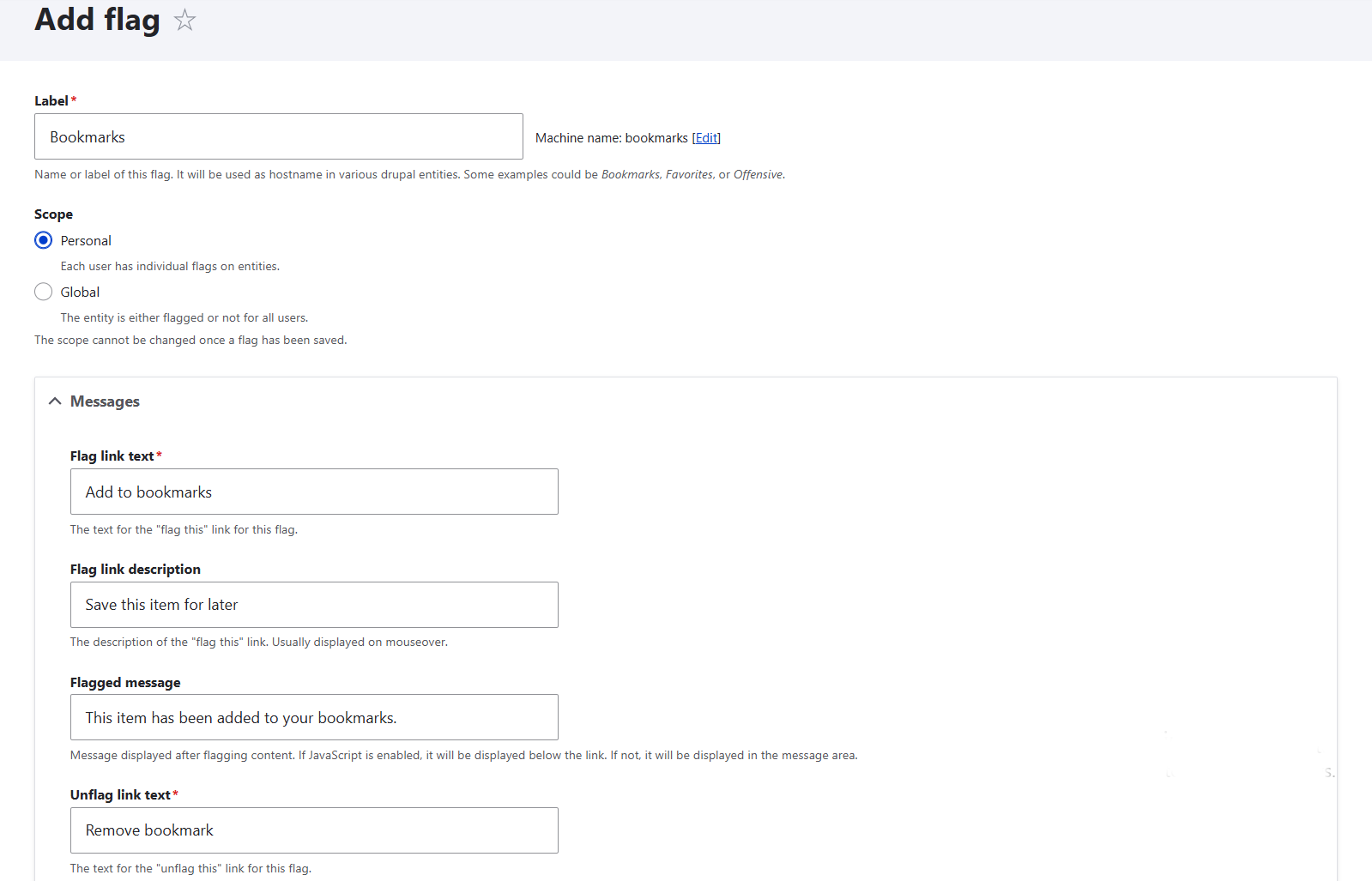 Settings for a Drupal flag, part 1