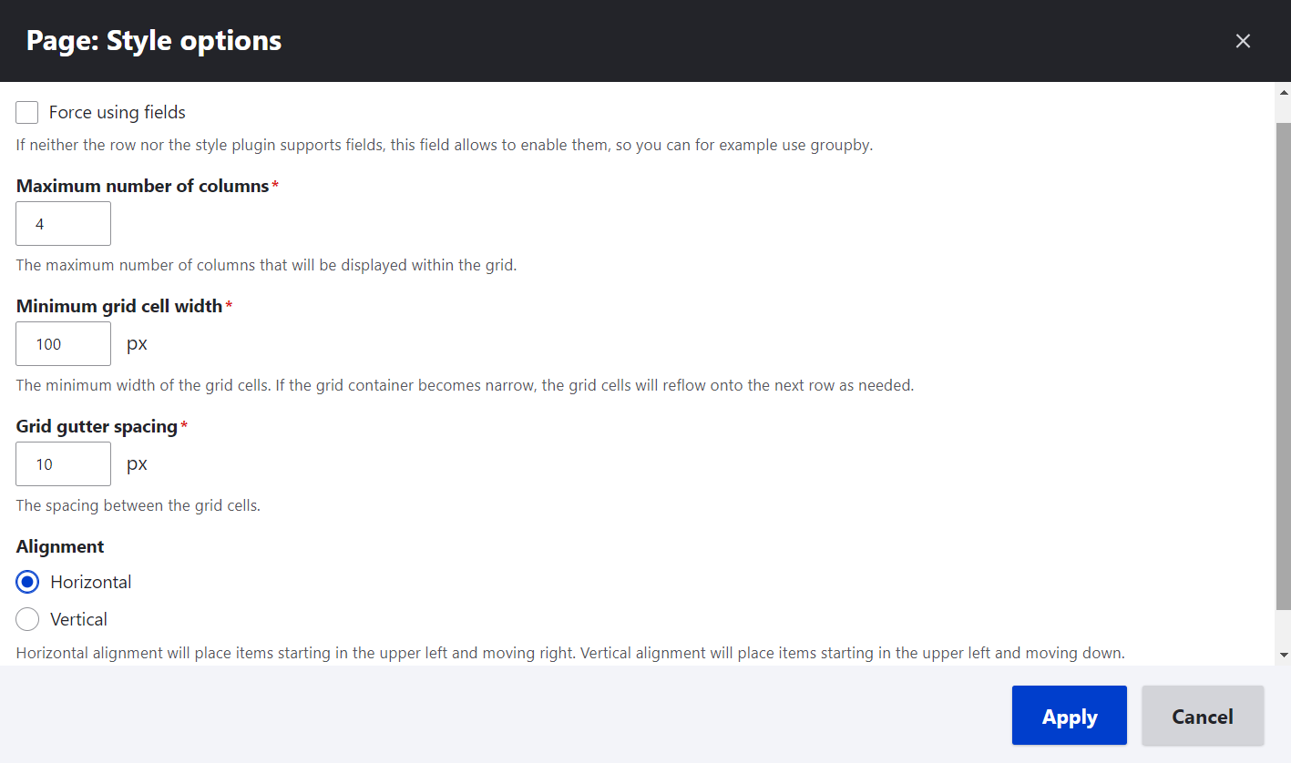 Settings for a responsive grid in the Views UI.