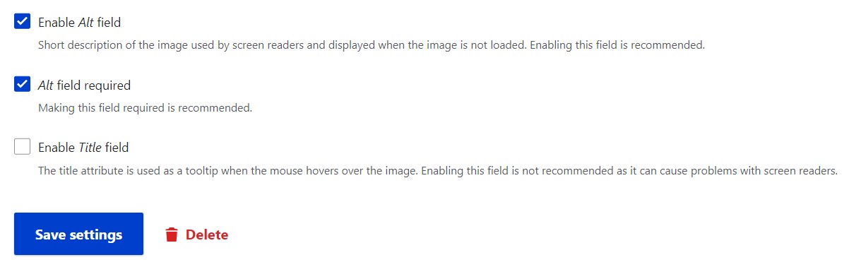 The settings for alt text in a Drupal image field.