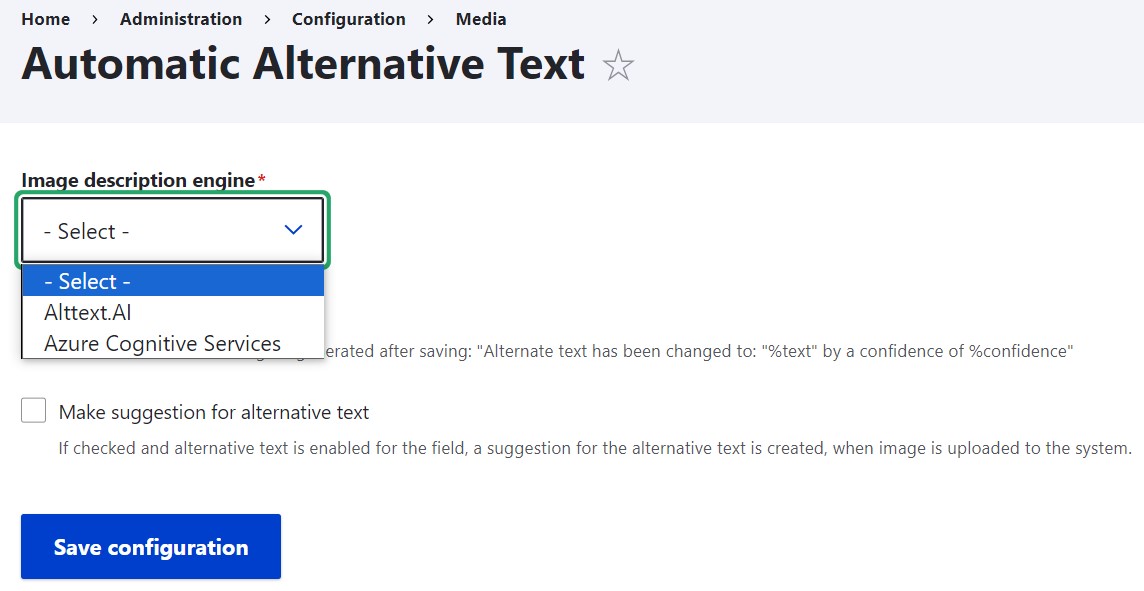 The settings for the Automatic Alternative Text module.