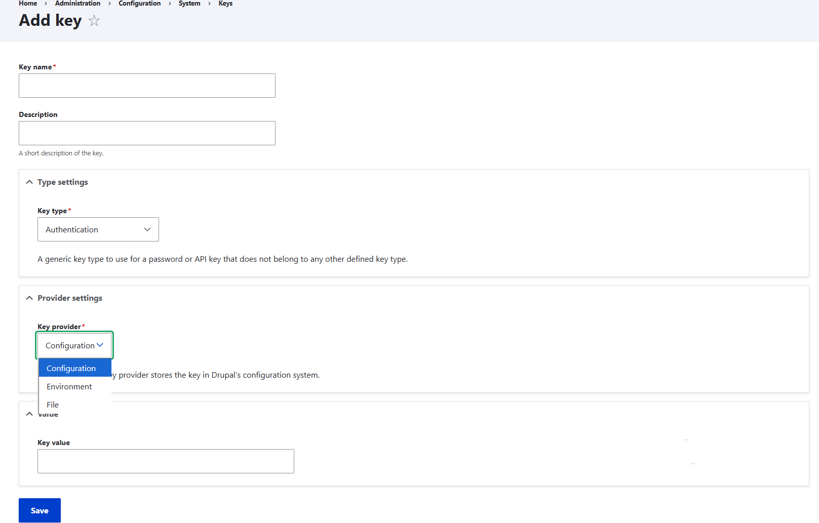 The settings for a key on a Drupal website