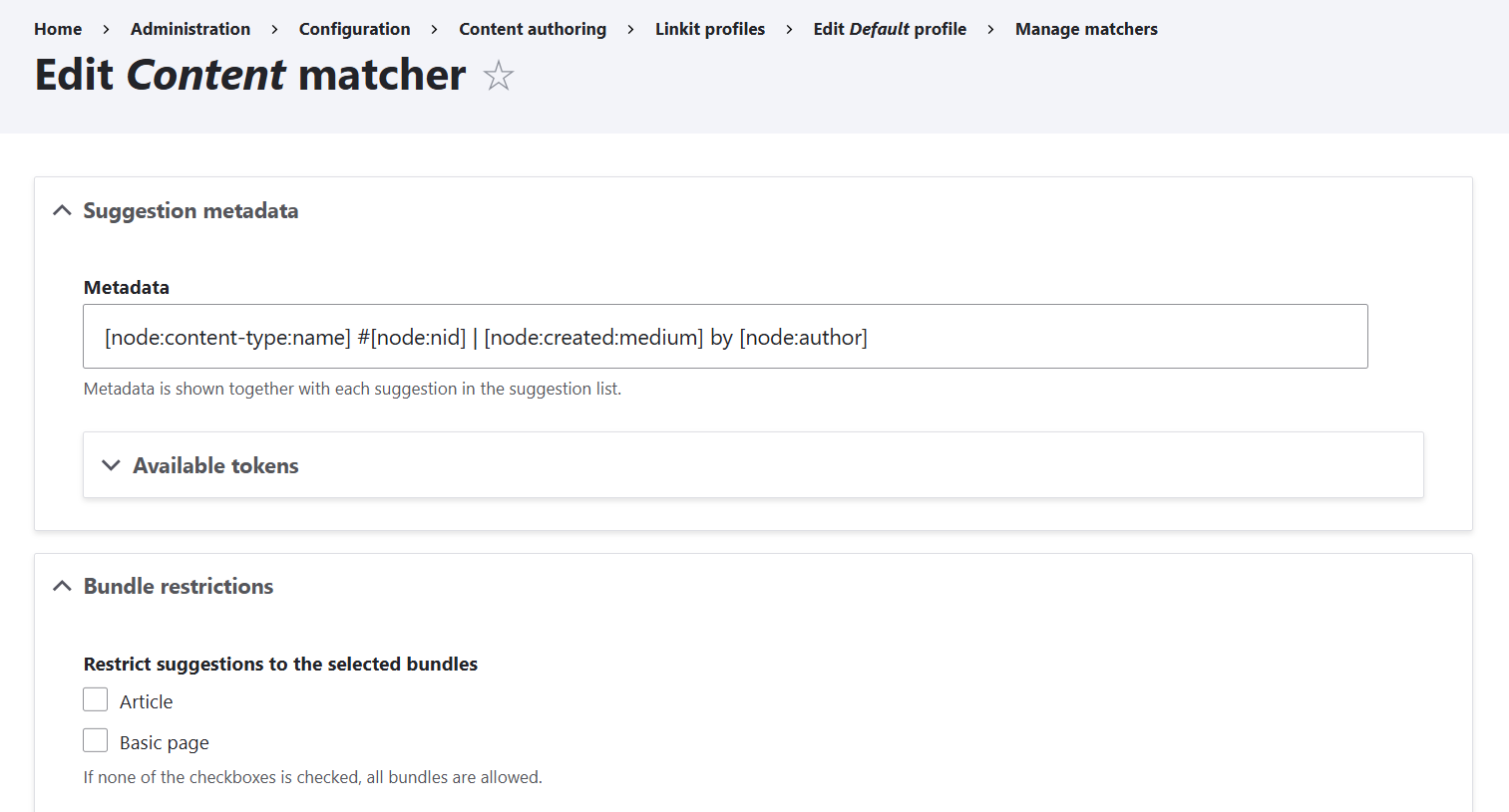 Settings for a matcher in a Linkit profile in Drupal, part 1