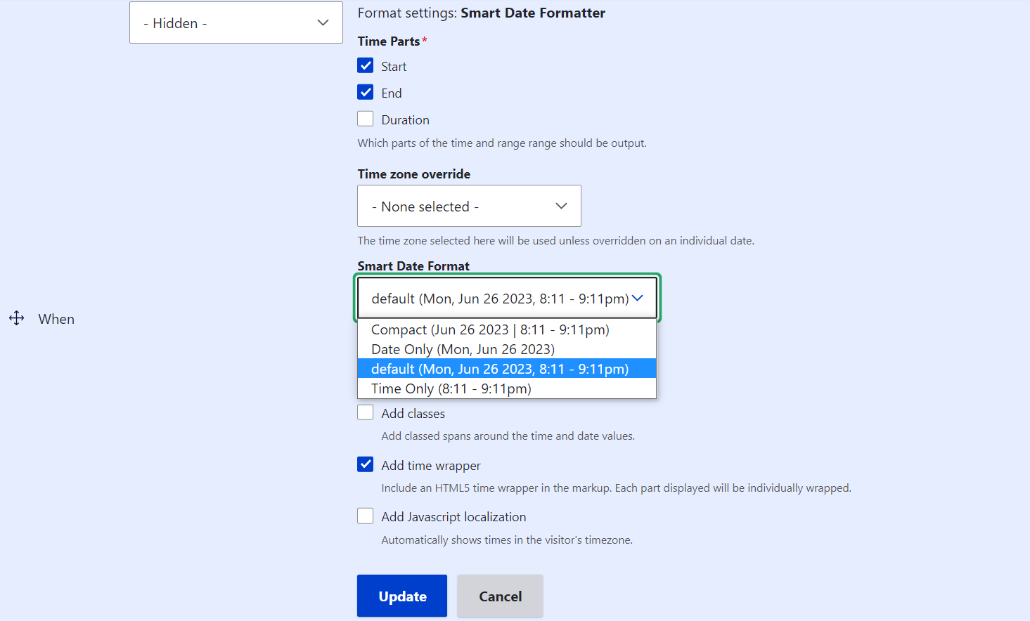 The settings for the “Smart Date Formatter” widget on the “Manage display” tab.